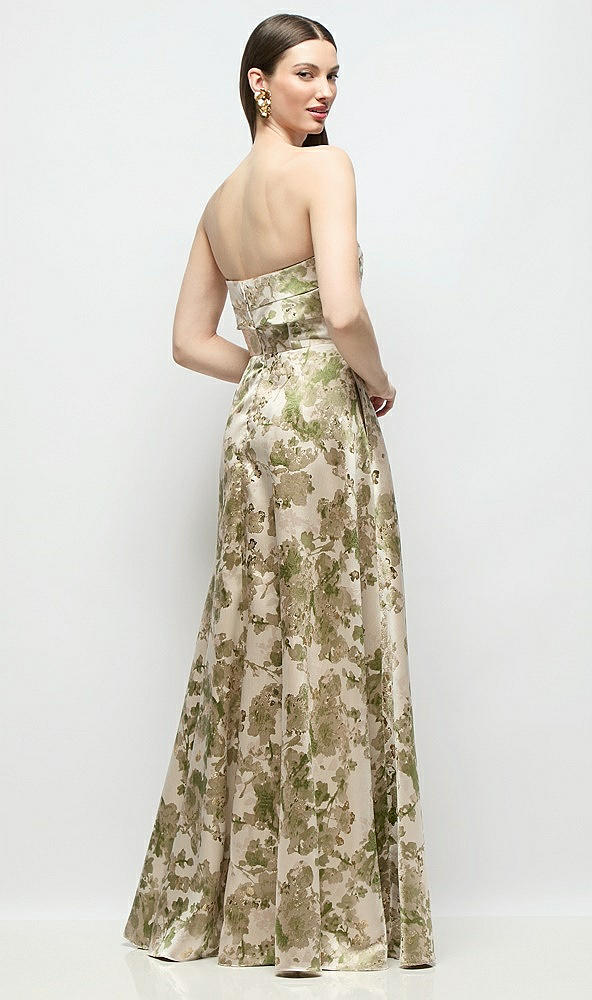 Back View - Peridot Blush Strapless Twist Cuff Neck Abstract Floral Jacquard Maxi Dress with Full Skirt