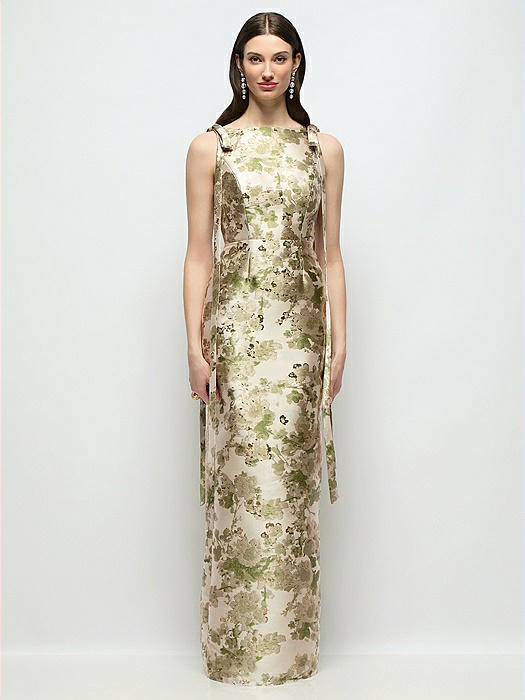 Bateau Abstract Floral Jacquard Column Maxi Dress with Long Tail Bow Straps