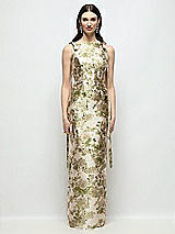 Front View Thumbnail - Peridot Blush Bateau Abstract Floral Jacquard Column Maxi Dress with Long Tail Bow Straps