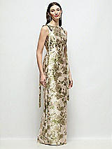 Side View Thumbnail - Peridot Blush Bateau Abstract Floral Jacquard Column Maxi Dress with Long Tail Bow Straps