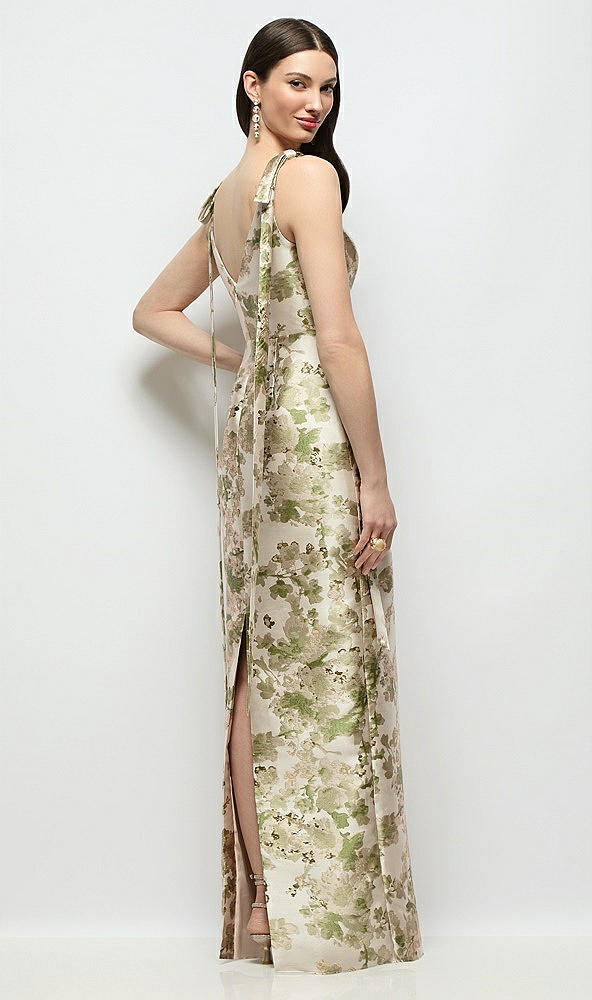 Back View - Peridot Blush Bateau Abstract Floral Jacquard Column Maxi Dress with Long Tail Bow Straps
