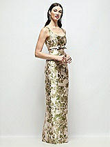 Side View Thumbnail - Peridot Blush Scoop Neck Abstract Floral Jacquard Column Maxi Dress with Bow Empire Waist