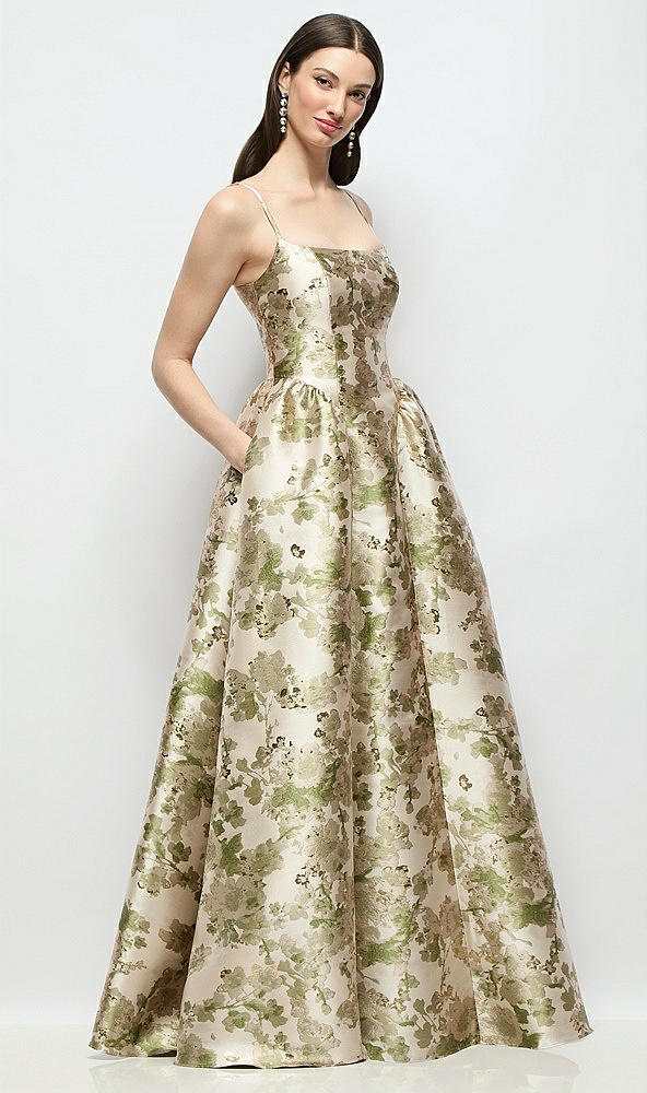 Front View - Peridot Blush Scoop Neck Drop Basque Skirt Abstract Floral Jacquard Maxi Dress with Pockets