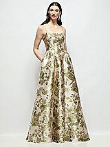 Side View Thumbnail - Peridot Blush Scoop Neck Drop Basque Skirt Abstract Floral Jacquard Maxi Dress with Pockets