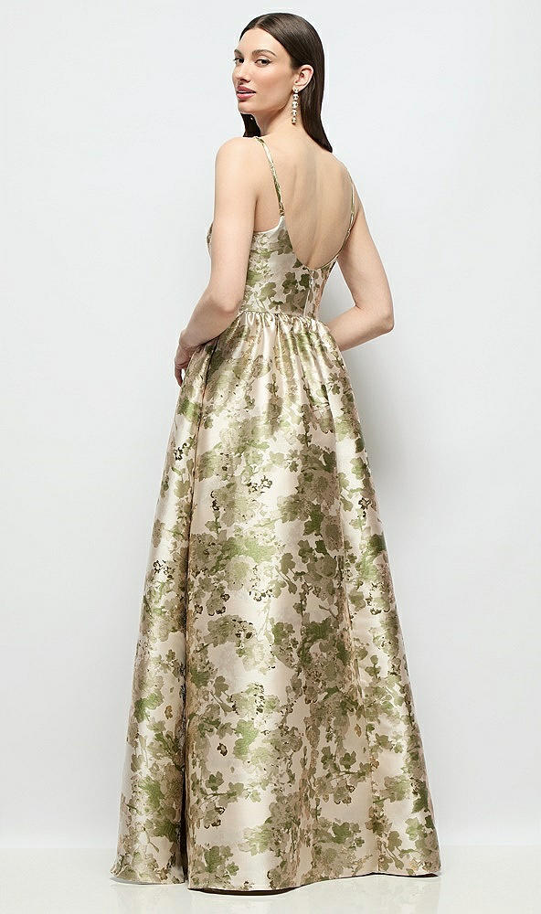 Back View - Peridot Blush Scoop Neck Drop Basque Skirt Abstract Floral Jacquard Maxi Dress with Pockets
