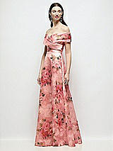 Side View Thumbnail - Guava Floral Print Off-Shoulder Wrap Organza Jacquard Floral Maxi Dress with Full Skirt