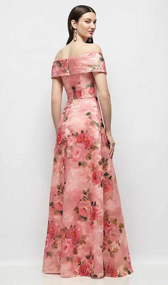 Back View - Guava Floral Print Off-Shoulder Wrap Organza Jacquard Floral Maxi Dress with Full Skirt