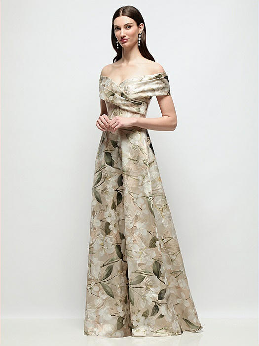 Off-Shoulder Wrap Floral Metallic Organza Jacquard Maxi Dress with Full Skirt