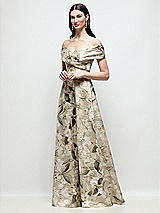 Front View Thumbnail - Plumeria Floral Print Off-Shoulder Wrap Floral Metallic Organza Jacquard Maxi Dress with Full Skirt