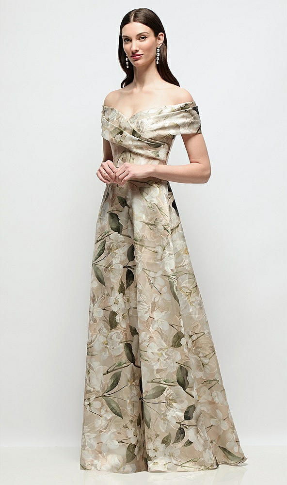 Front View - Plumeria Floral Print Off-Shoulder Wrap Floral Metallic Organza Jacquard Maxi Dress with Full Skirt