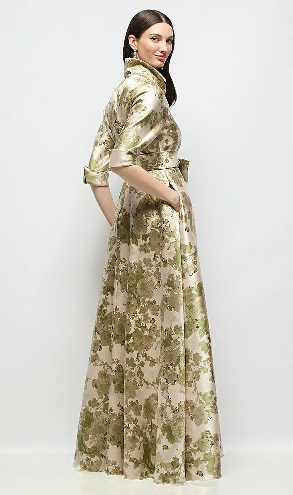 Back View - Peridot Blush Abstract Floral Jacquard Shirt Dress Gown with Sash & Jeweled Buttons