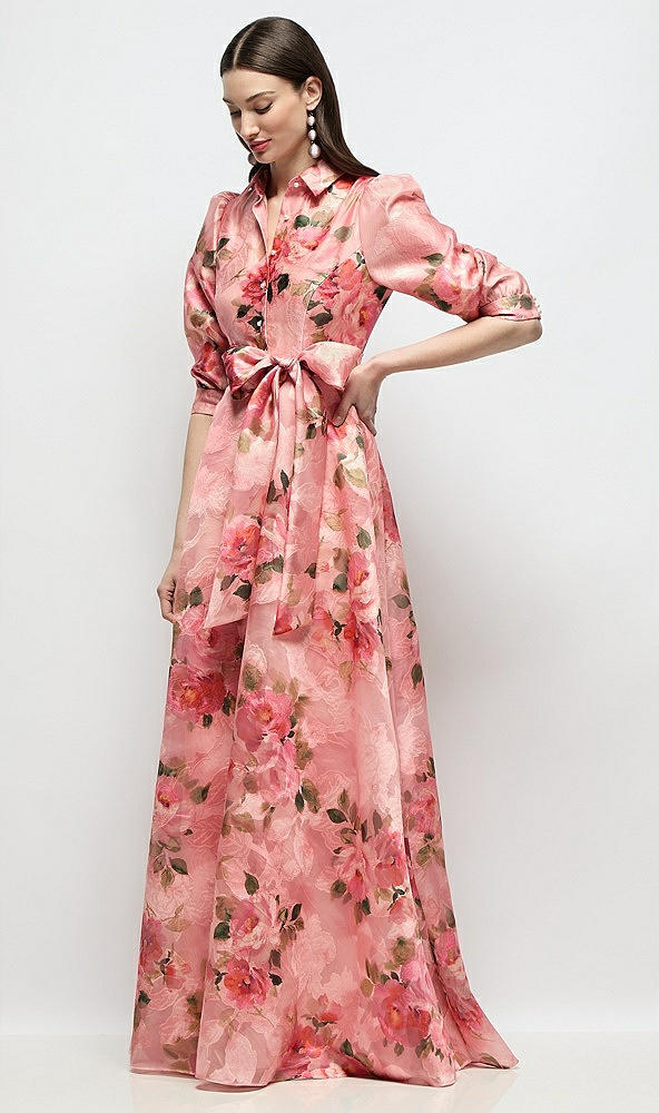 Front View - Guava Floral Print Floral Organza Jacquard Shirt Dress with Full Maxi Skirt & Sash