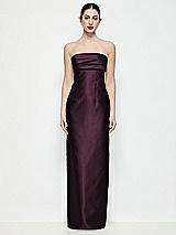 Front View Thumbnail - Deep Plum Strapless Pleated Empire Satin Column Maxi Dress