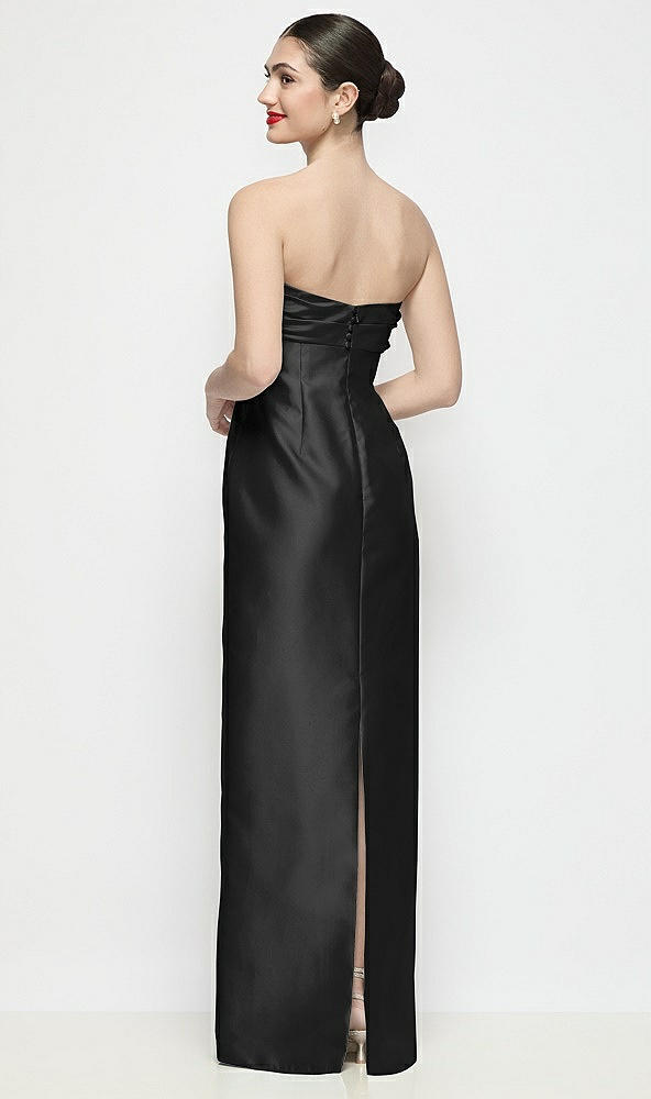 Back View - Black Strapless Pleated Empire Satin Column Maxi Dress