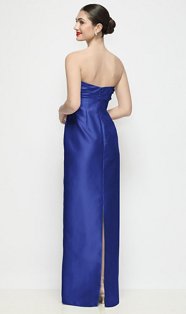 Back View - Cobalt Blue Strapless Pleated Empire Satin Column Maxi Dress