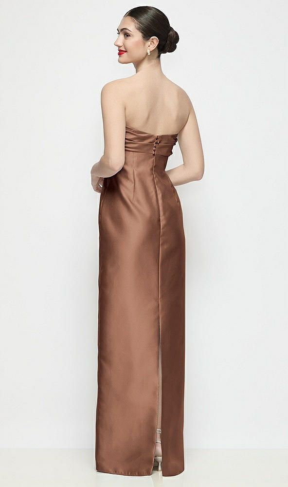 Back View - Cognac Strapless Pleated Empire Satin Column Maxi Dress