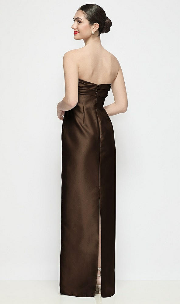 Back View - Espresso Strapless Pleated Empire Satin Column Maxi Dress