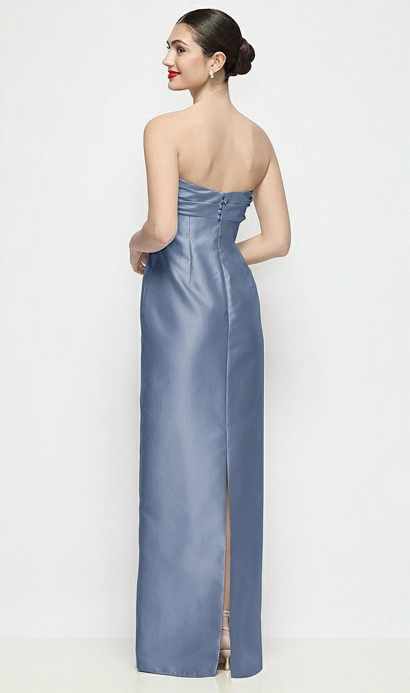 Back View - Larkspur Blue Strapless Pleated Empire Satin Column Maxi Dress
