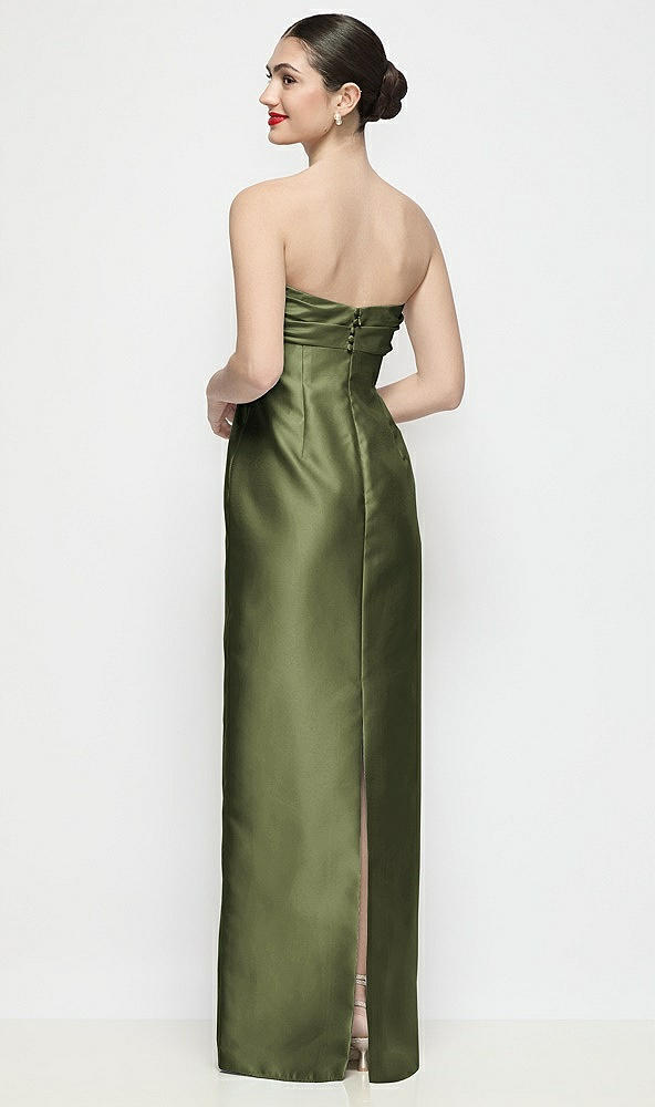 Back View - Olive Green Strapless Pleated Empire Satin Column Maxi Dress