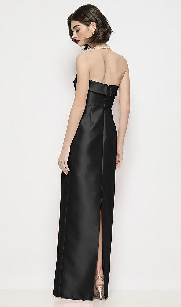 Back View - Black Strapless Cuff Neck Satin Maxi Dress with Column Skirt