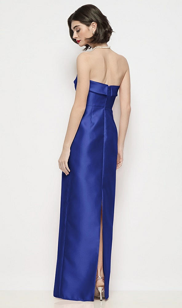 Back View - Cobalt Blue Strapless Cuff Neck Satin Maxi Dress with Column Skirt