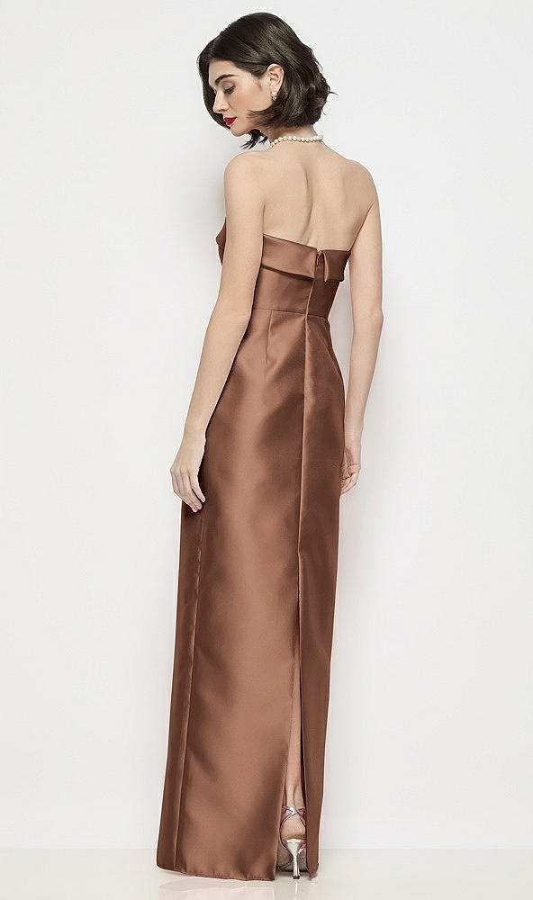 Back View - Cognac Strapless Cuff Neck Satin Maxi Dress with Column Skirt