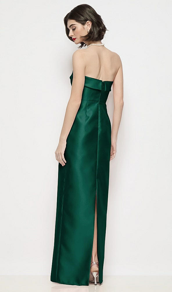 Back View - Hunter Green Strapless Cuff Neck Satin Maxi Dress with Column Skirt