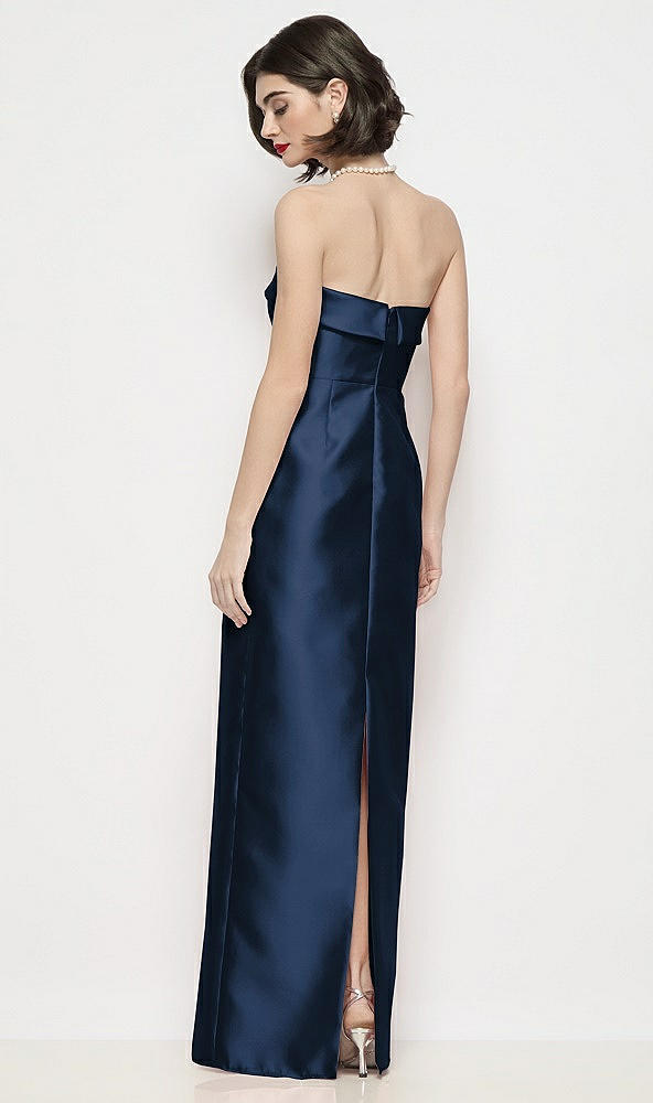 Back View - Midnight Navy Strapless Cuff Neck Satin Maxi Dress with Column Skirt