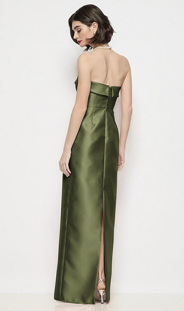 Back View - Olive Green Strapless Cuff Neck Satin Maxi Dress with Column Skirt