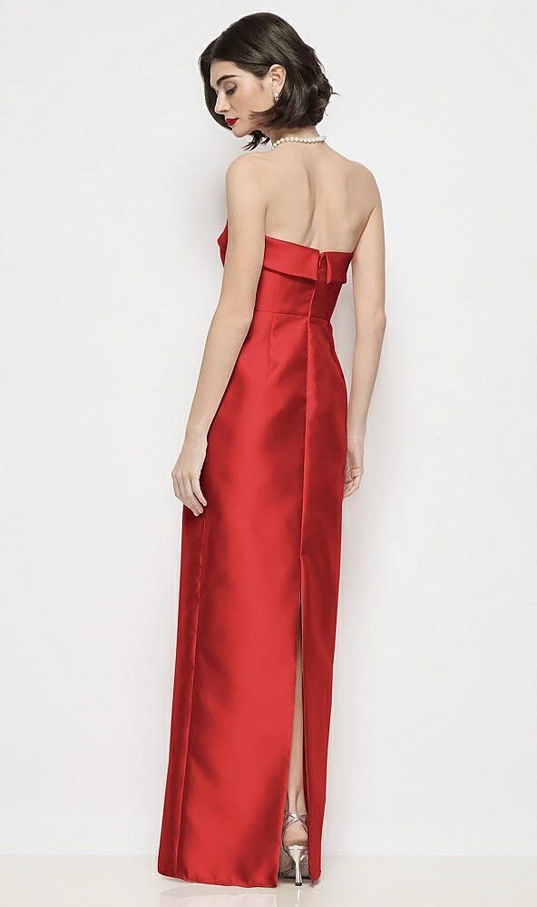 Back View - Poppy Red Strapless Cuff Neck Satin Maxi Dress with Column Skirt