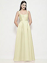Front View Thumbnail - Butter Yellow Shaped Strap Basque Neck Satin Maxi Dress with Pleated Skirt