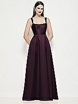Front View Thumbnail - Deep Plum Shaped Strap Basque Neck Satin Maxi Dress with Pleated Skirt