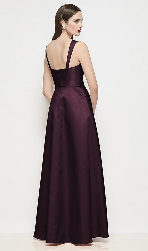 Back View - Deep Plum Shaped Strap Basque Neck Satin Maxi Dress with Pleated Skirt