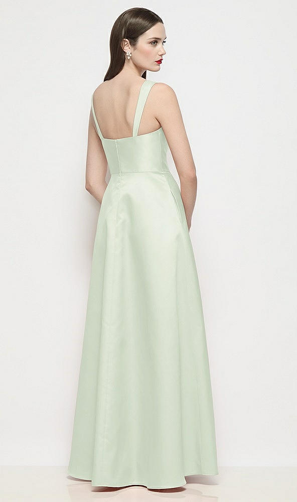 Back View - Mint Green Shaped Strap Basque Neck Satin Maxi Dress with Pleated Skirt