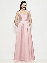 Front View Thumbnail - Ballet Pink Shaped Strap Basque Neck Satin Maxi Dress with Pleated Skirt