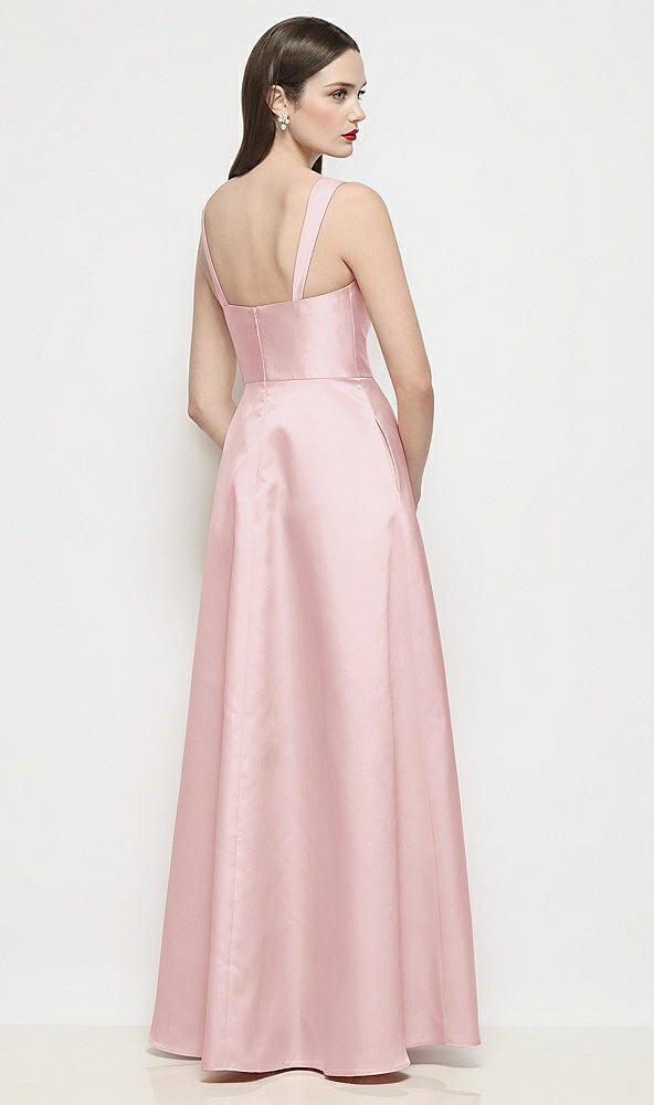 Back View - Ballet Pink Shaped Strap Basque Neck Satin Maxi Dress with Pleated Skirt