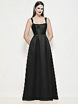 Front View Thumbnail - Black Shaped Strap Basque Neck Satin Maxi Dress with Pleated Skirt