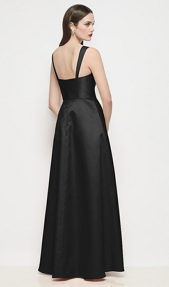 Back View - Black Shaped Strap Basque Neck Satin Maxi Dress with Pleated Skirt