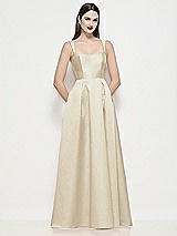 Front View Thumbnail - Champagne Shaped Strap Basque Neck Satin Maxi Dress with Pleated Skirt