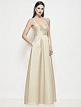 Side View Thumbnail - Champagne Shaped Strap Basque Neck Satin Maxi Dress with Pleated Skirt