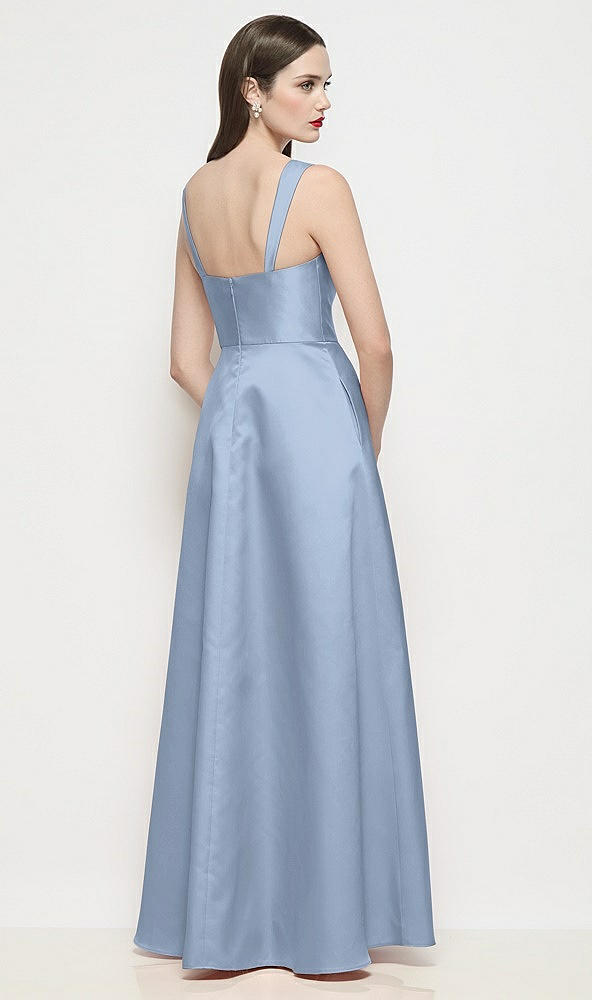Back View - Cloudy Shaped Strap Basque Neck Satin Maxi Dress with Pleated Skirt