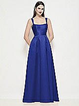 Front View Thumbnail - Cobalt Blue Shaped Strap Basque Neck Satin Maxi Dress with Pleated Skirt