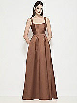 Front View Thumbnail - Cognac Shaped Strap Basque Neck Satin Maxi Dress with Pleated Skirt