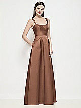 Side View Thumbnail - Cognac Shaped Strap Basque Neck Satin Maxi Dress with Pleated Skirt