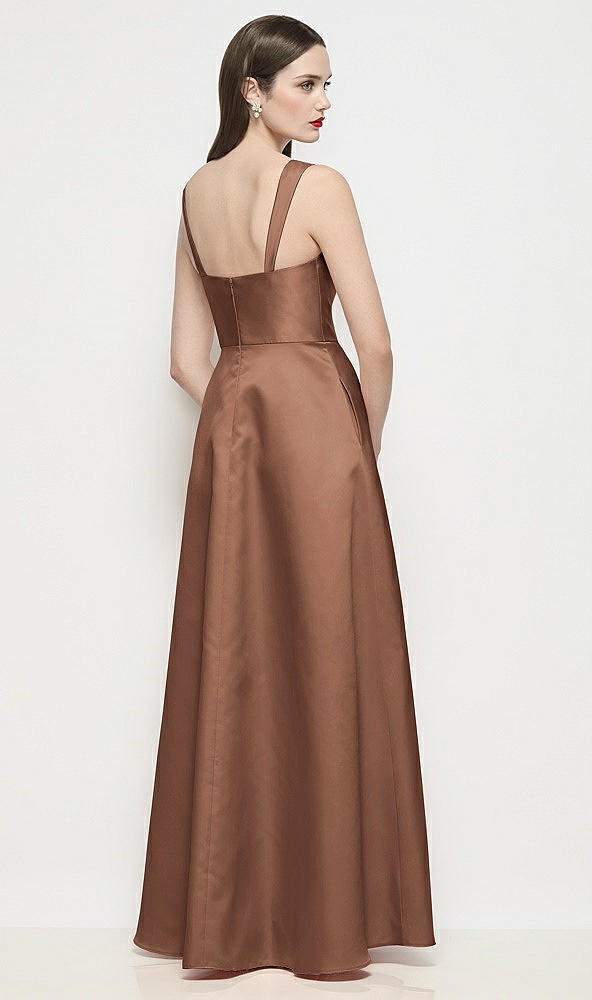 Back View - Cognac Shaped Strap Basque Neck Satin Maxi Dress with Pleated Skirt