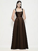 Front View Thumbnail - Espresso Shaped Strap Basque Neck Satin Maxi Dress with Pleated Skirt