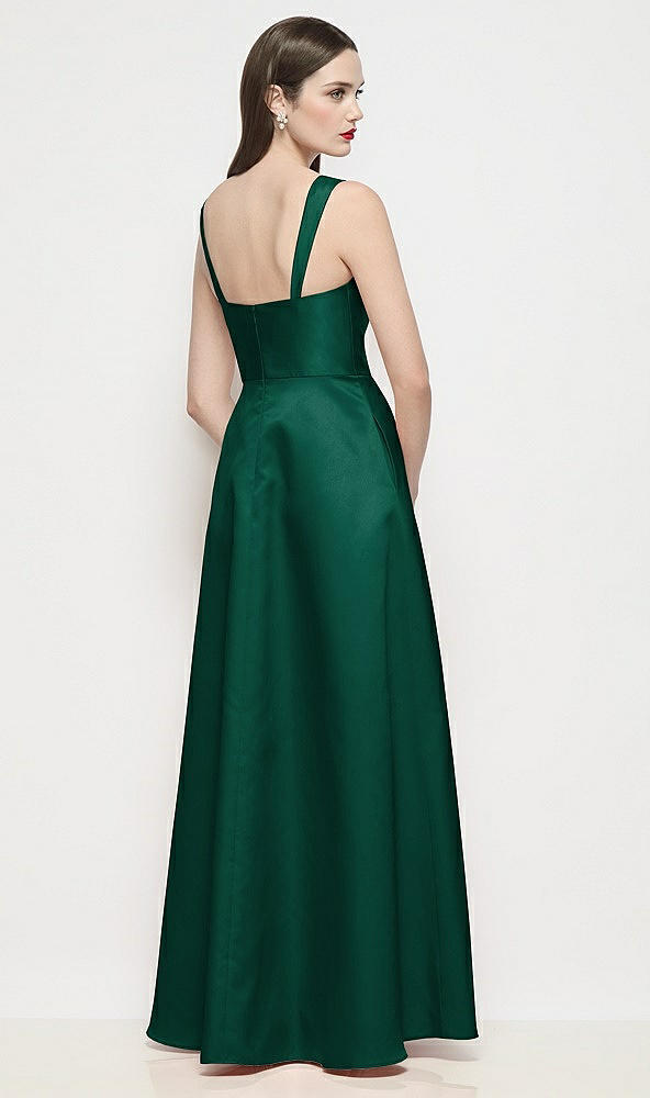 Back View - Hunter Green Shaped Strap Basque Neck Satin Maxi Dress with Pleated Skirt