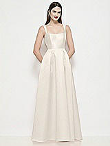 Front View Thumbnail - Ivory Shaped Strap Basque Neck Satin Maxi Dress with Pleated Skirt