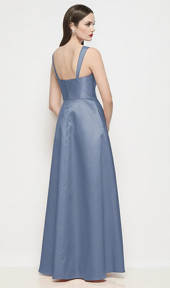 Back View - Larkspur Blue Shaped Strap Basque Neck Satin Maxi Dress with Pleated Skirt