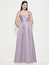 Front View Thumbnail - Lilac Haze Shaped Strap Basque Neck Satin Maxi Dress with Pleated Skirt